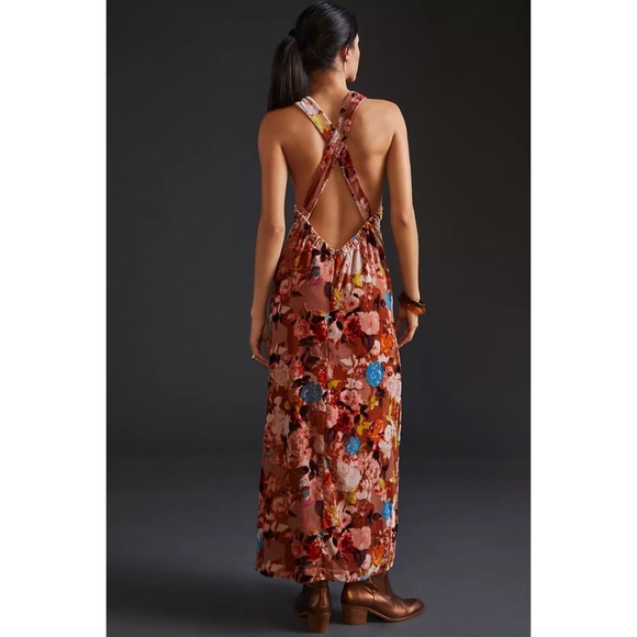 Anthropologie Halter Velvet Maxi Dress Honey M - Picture 3 of 13